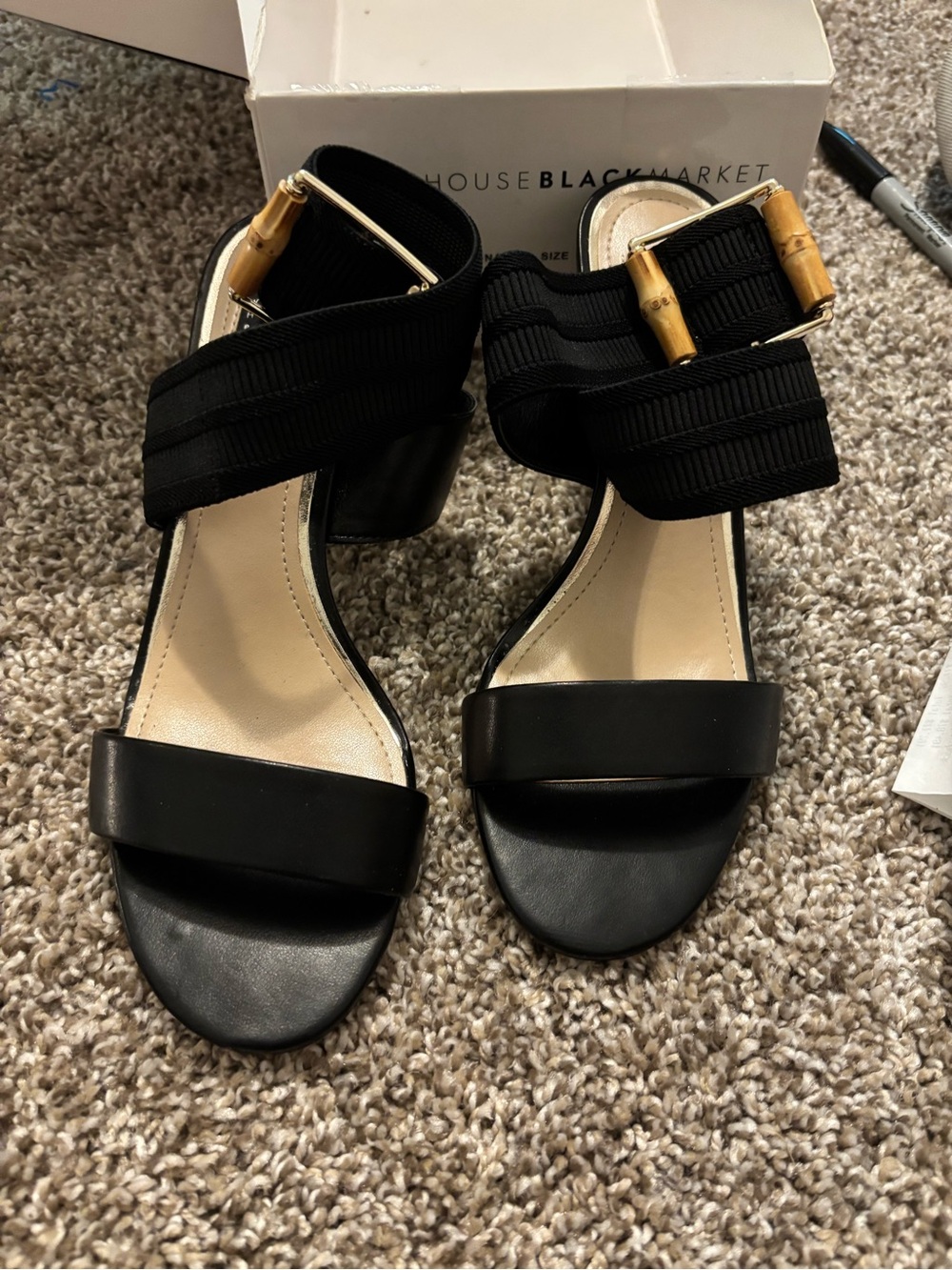White House Black Market Black Bamboo-Detail Block Heel Sandals